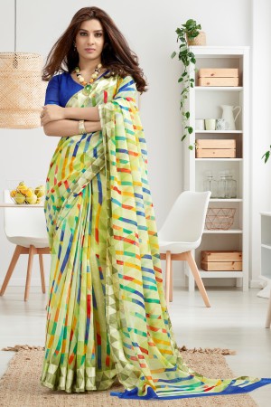 Multicolor Linen Printed Designer Saree With Unstitched Blouse Material