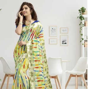 Multicolor Linen Printed Designer Saree With Unstitched Blouse Material