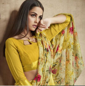 Craftsvilla Yellow Linen Printed Designer Saree With Unstitched Blouse Material