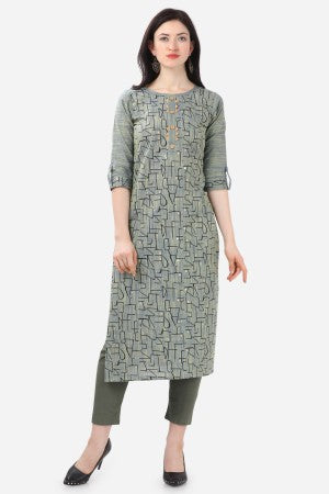 Green Cotton Blend Calf Length Straight Kurti
