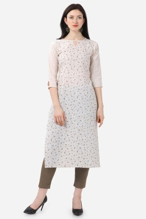 White Cotton Blend Calf Length Straight Kurti