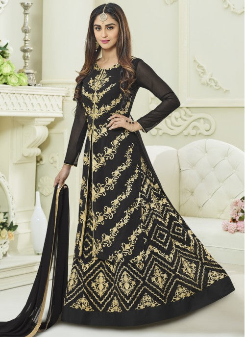 Black Velvet Embroidered Semi-stitched Lehenga Choli