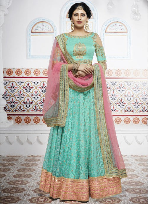 Craftsvilla Green Jacquard Embroidered Designer Semi-stitched Lehenga Choli