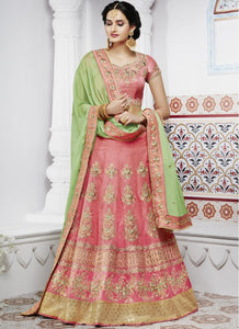 Green Net Embroidered Flared Semi-stitched Lehenga Choli
