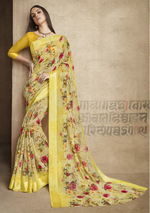 Craftsvilla Yellow Linen Printed Designer Saree With Unstitched Blouse Material