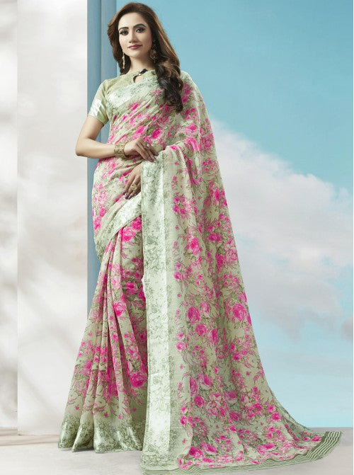 Craftsvilla Brown Linen Printed Designer Saree With Unstitched Blouse Material